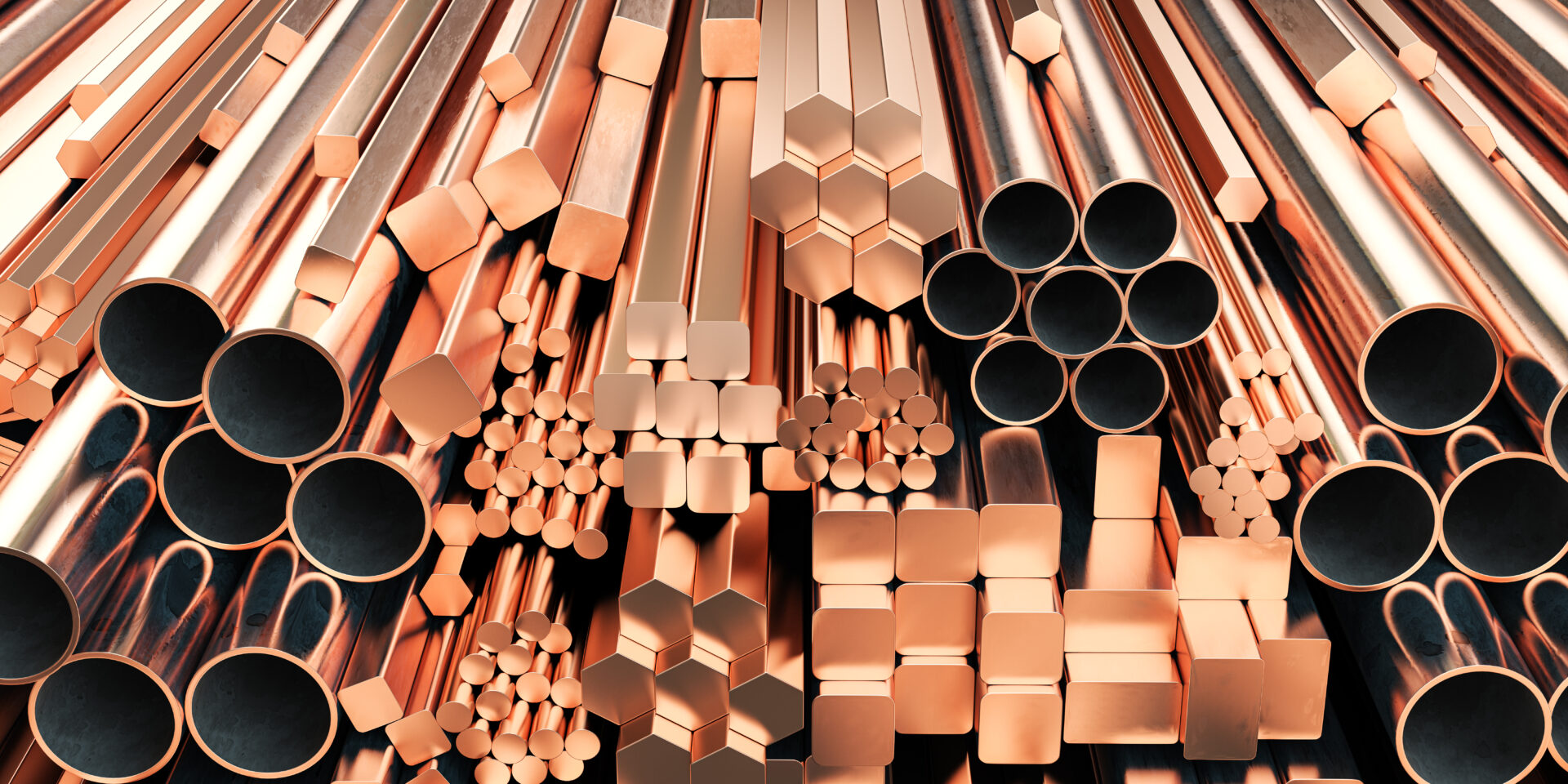 Copper tubes and different profiles in warehouse background. Different copper metal rolled products. 3d illustration